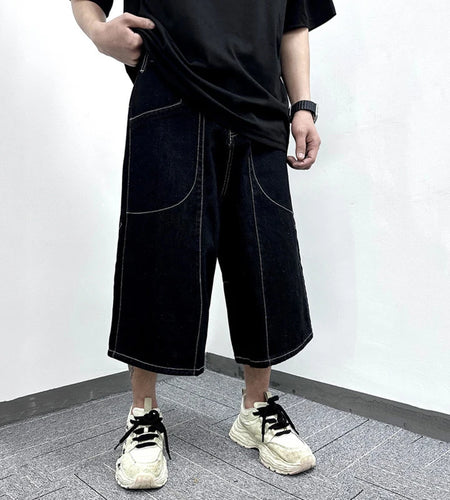 Men's Denim Shorts New Chinese Loose Washed Trendy Line Design Straight Wide Leg Casual Male Summer Bottoms 2025 9W1784