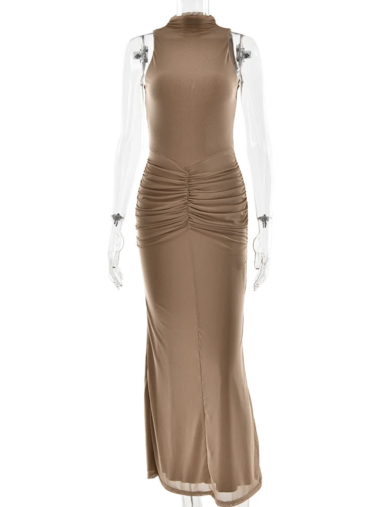 Elegant Mesh Sleeveless Elastic Bodycon Party Club Evening Dress Tight Temperament Double Layer Vestido Spring 2025 New