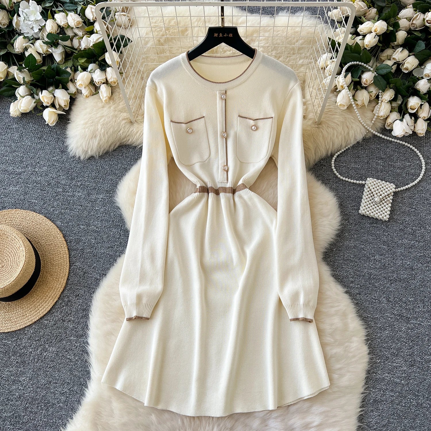 Korean Beige Patchwork Slim Long Sleeve Knitting Midi Dress Women Autumn Winter Round Neck High Waist Elegant Sweater Dress Chic