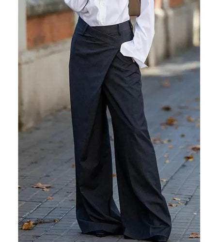 Trendy Women's Suit Pants Autumn Spring Loose Wide Leg Asymmetric Solid Color Split-Joint High Waisted Formal Trousers