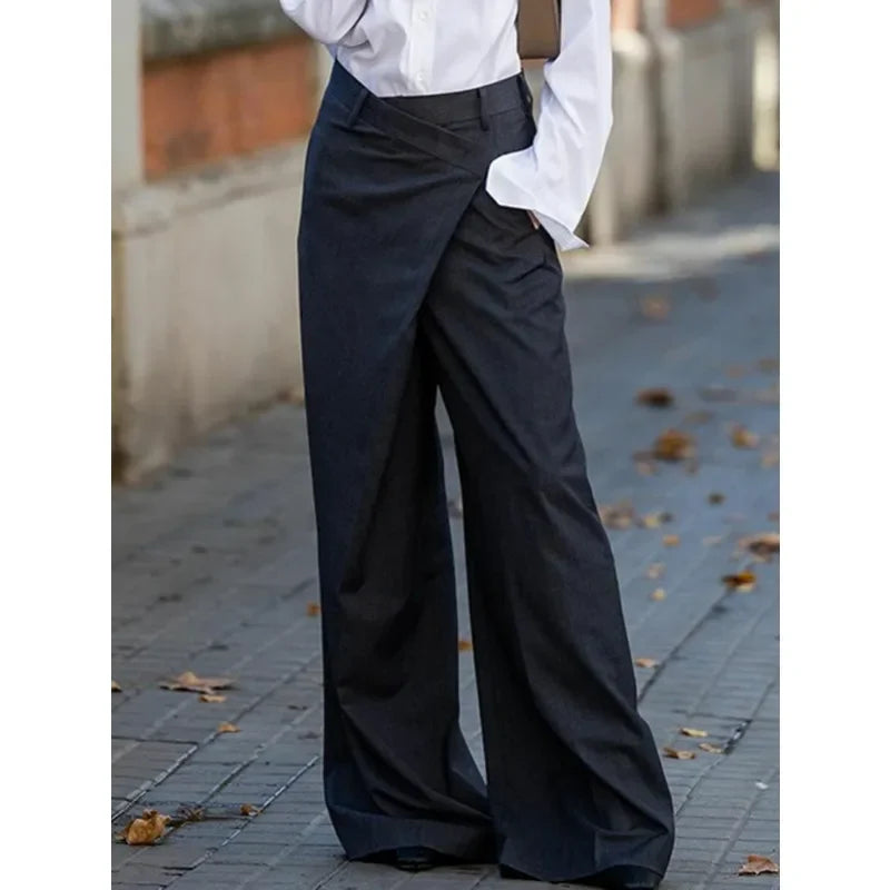 Trendy Women's Suit Pants Autumn Spring Loose Wide Leg Asymmetric Solid Color Split-Joint High Waisted Formal Trousers