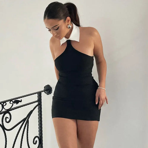 Load image into Gallery viewer, Halter Sleeveless Sexy Mini Dress For Women Fashion Patchwork Off-shoulder Backless Skinny Club Sexy Party Dress
