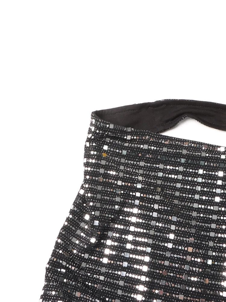 Patchwork Sequins Backless Sexy Vests For Women Halter Collar Sleeveless Slimming Tank Tops Female Fashion Clothing