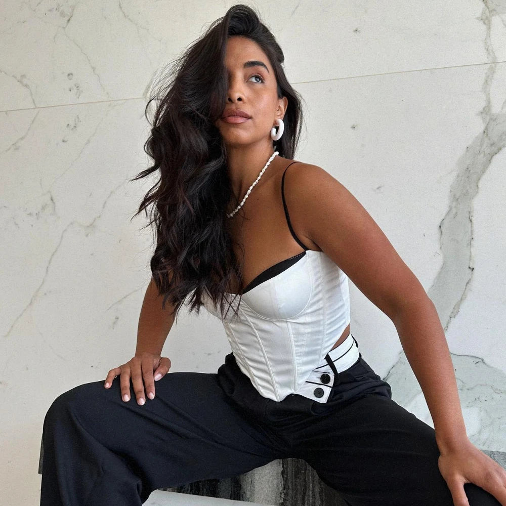 Thick Satin Bustier Corset Crop Top with Chest Pads Spaghetti Strap White Bodycon Top Summer Women Tops with Fishbone