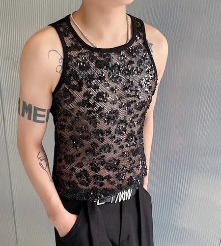 Men's Tank Top Sleeveless Round Neck Sequin Splicing Fashion High Street Slim Hollow Out Vest Summer 9C5711