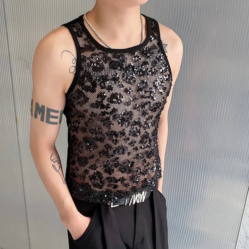 Load image into Gallery viewer, Men&#39;s Tank Top Sleeveless Round Neck Sequin Splicing Fashion High Street Slim Hollow Out Vest Summer 9C5711
