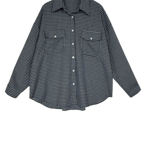 Load image into Gallery viewer, Women Black Plaid Pocket Vintage Big Size Casual Blouse New Lapel Long Sleeve Shirt Fashion Spring Autumn 2025 1DJ1048
