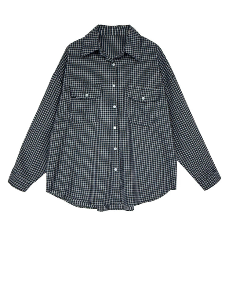 Women Black Plaid Pocket Vintage Big Size Casual Blouse New Lapel Long Sleeve Shirt Fashion Spring Autumn 2025 1DJ1048
