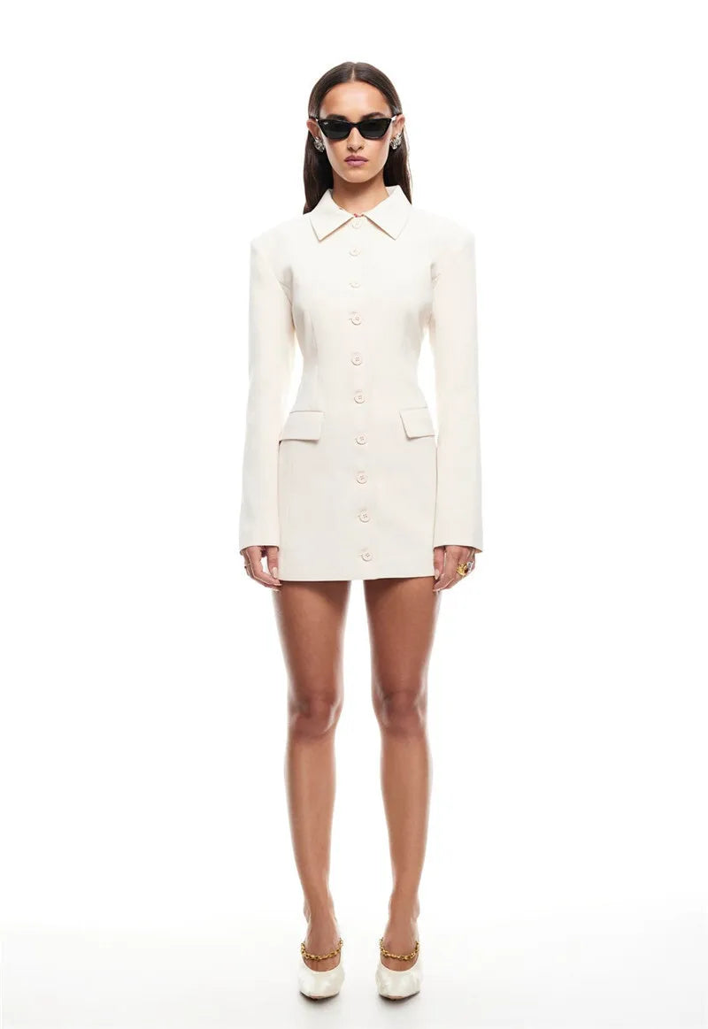 Long Sleeve Lapel Sexy Mini Dress For Women Solid Single-breasted Two Pocket High Waist Office Lady Blazer Dress