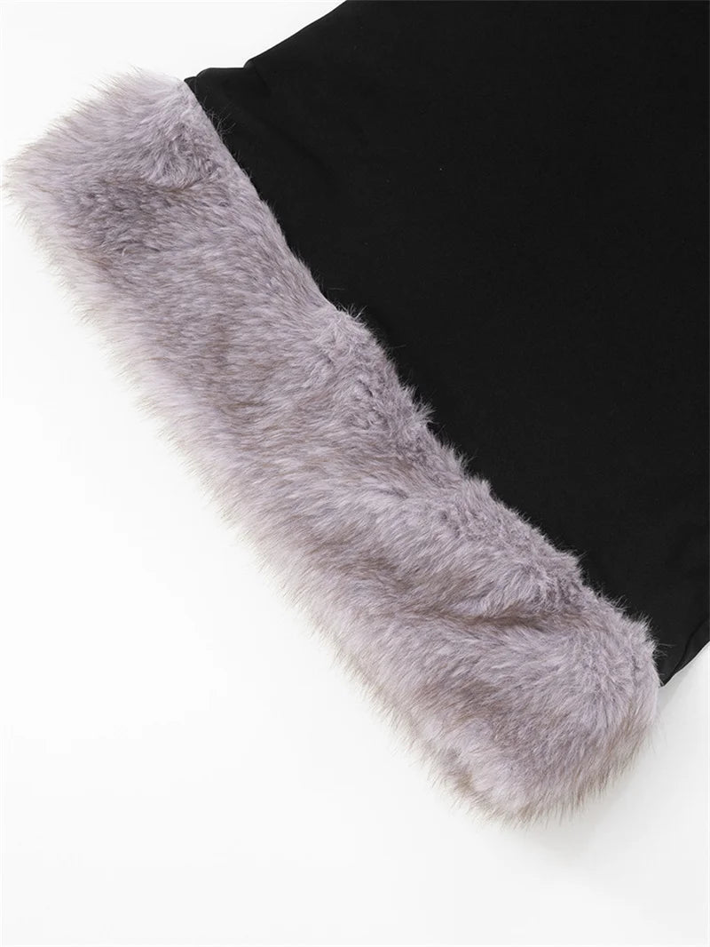 Patchwork Fur Hem Sexy Mini Dress Women Robe Fashion Black Summer New Sleeveless Backless Slim High Waist Sheath Dress