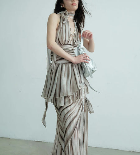 Brown Tank Top Bandage Thin Skirt Two Pieces Suit New Halter Sleeveless Women Fashion Tide Spring Summer 2025 1DJ0680