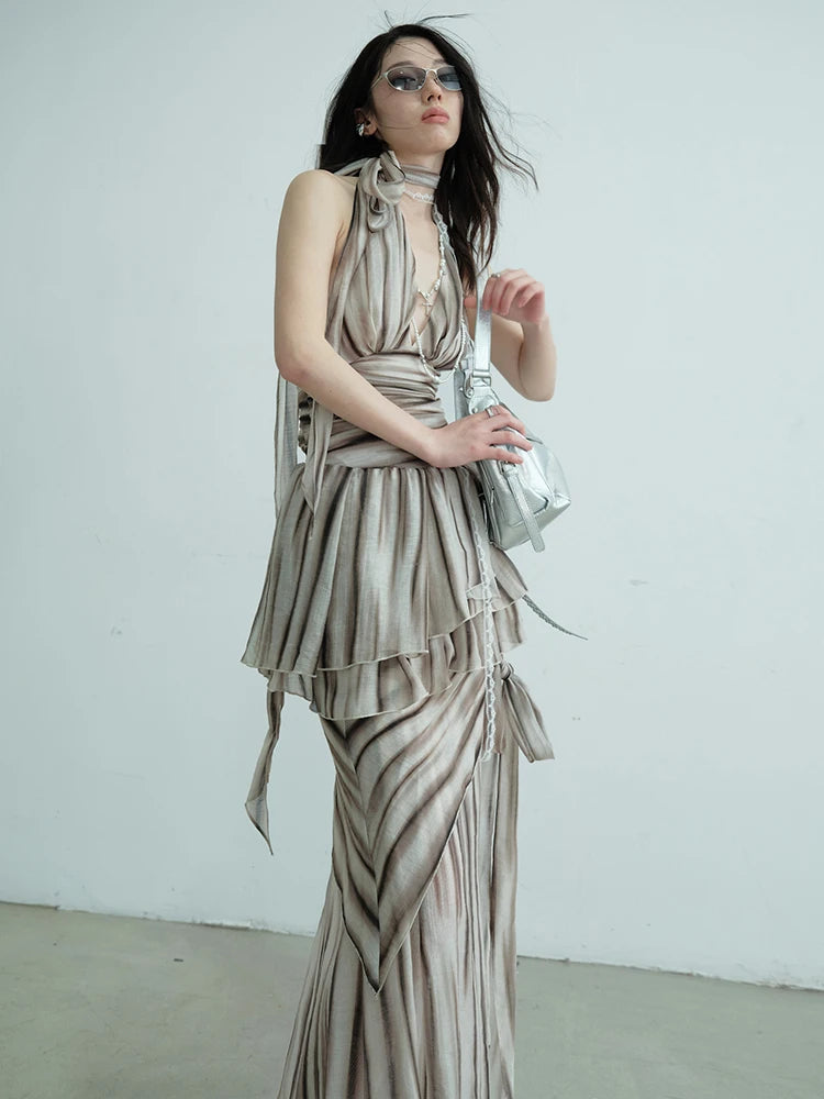 Brown Tank Top Bandage Thin Skirt Two Pieces Suit New Halter Sleeveless Women Fashion Tide Spring Summer 2025 1DJ0680