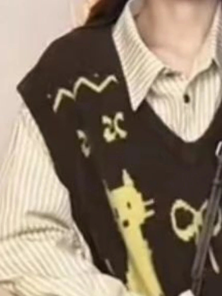 Preppy Style Sleeveless Sweater Vest Casual Vintage V-neck Pullovers Y2k Aesthetic Women Streetwear Cartoon Knitwear Waistcoat