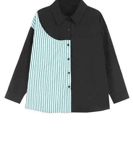 Women Black Striped Spliced Big Size Casual Blouse New Lapel Long Sleeve Shirt Fashion Tide Spring Autumn 2025 1DH6908