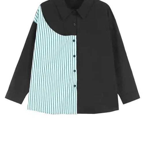 Load image into Gallery viewer, Women Black Striped Spliced Big Size Casual Blouse New Lapel Long Sleeve Shirt Fashion Tide Spring Autumn 2025 1DH6908

