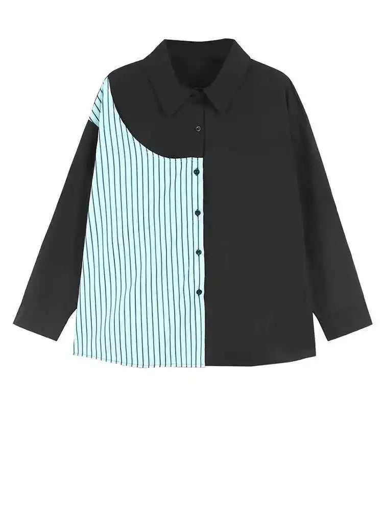 Women Black Striped Spliced Big Size Casual Blouse New Lapel Long Sleeve Shirt Fashion Tide Spring Autumn 2025 1DH6908