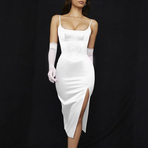 Load image into Gallery viewer, Elegant Summer Sain Dress Black Spaghetti Strap Bodycon Dress Sexy Slit Club Party Dresses 2023 Women Clothing
