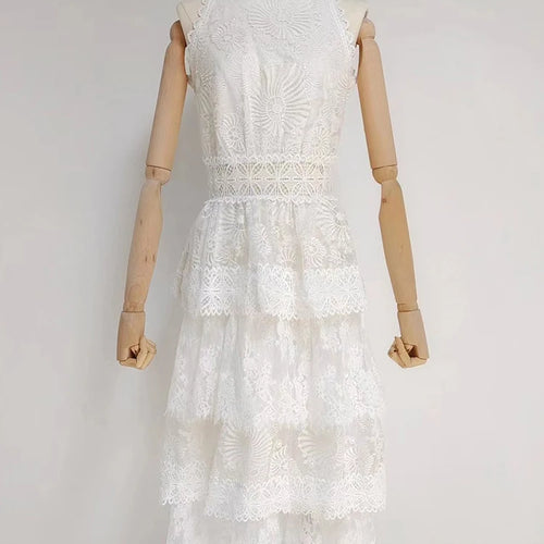 Load image into Gallery viewer, Vintage Patchwork Lace Dress For Women Round Neck Sleeveless High Waist Cascading Ruffle Dresses Female 2022 Spring Clothing
