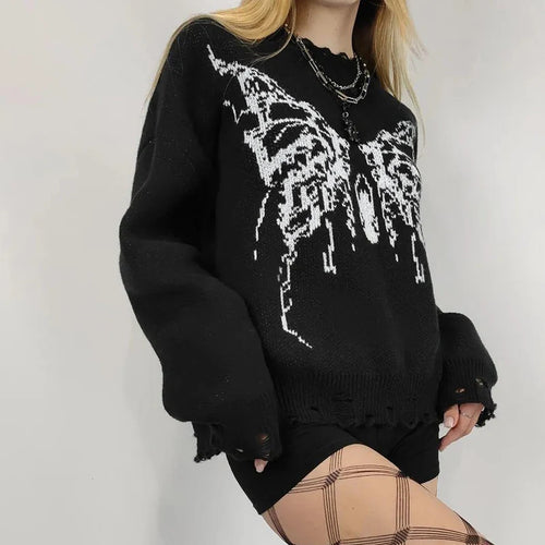 Load image into Gallery viewer, Grunge Gothic Butterfly Autumn Sweater Women Loose Vintage Hole Ripped Knitted Pullover Halloween Y2K Jumper Outwear
