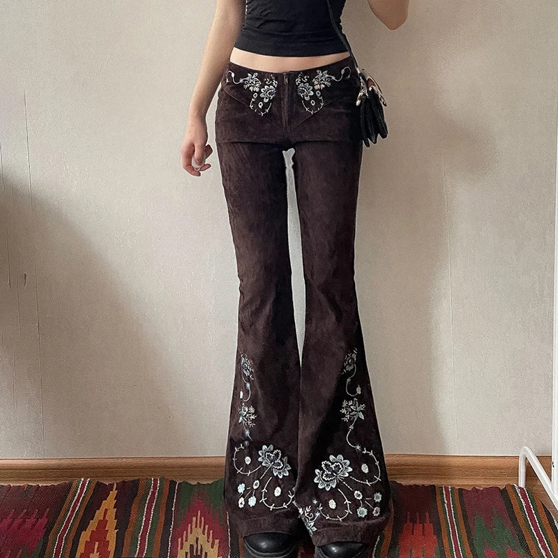Vintage Chic Flower Embroidery Flared Jeans Women Low Waist Zipper-Fly Denim Trousers All Match Streetwear Bottom New