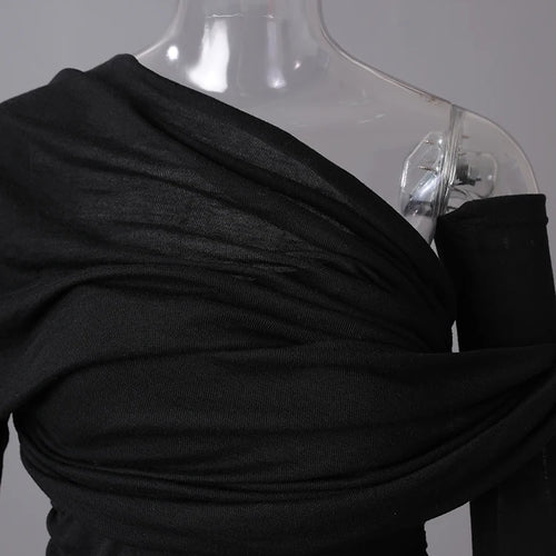 Load image into Gallery viewer, Women Black Pleated Elegant Slim Long Dress New Asymmetrical Collar Long Sleeve Fashion Tide Spring Autumn 2025 CPG2993
