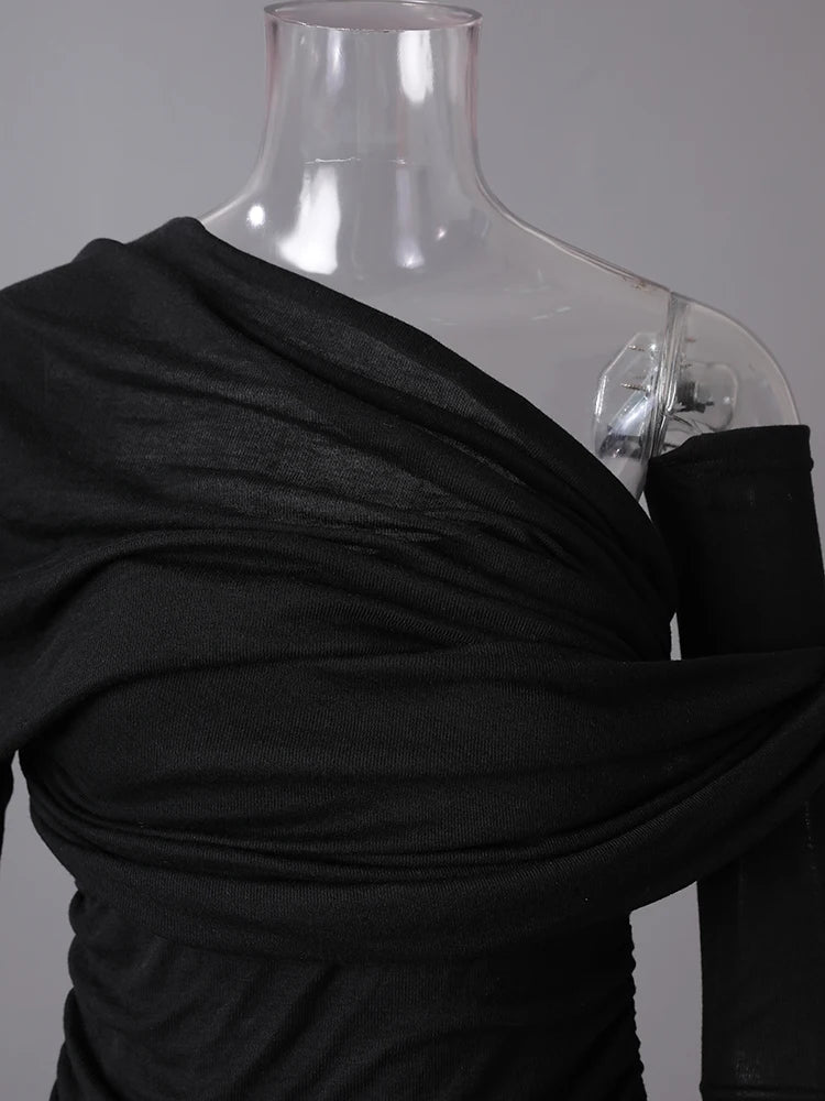 Women Black Pleated Elegant Slim Long Dress New Asymmetrical Collar Long Sleeve Fashion Tide Spring Autumn 2025 CPG2993