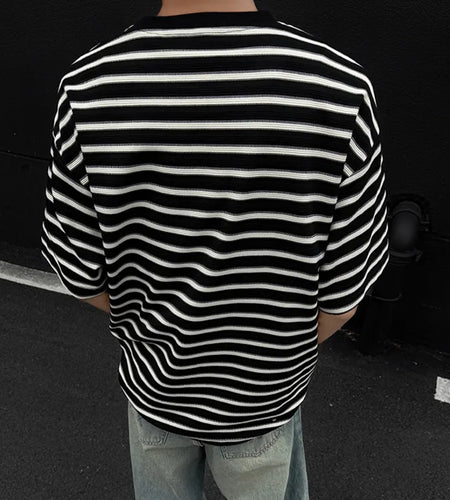 Striped Men's T-shirts New Summer Short Sleeve Loosse Round Neck Fashion Pullover Trendy Men's Top Contrast Color 9W1562