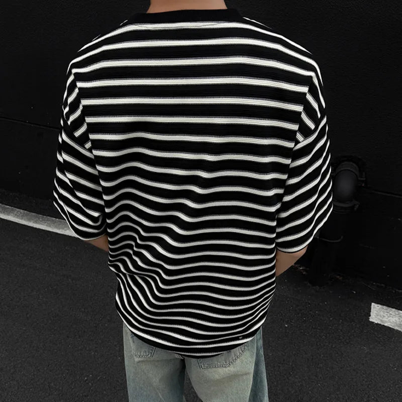 Striped Men's T-shirts New Summer Short Sleeve Loosse Round Neck Fashion Pullover Trendy Men's Top Contrast Color 9W1562