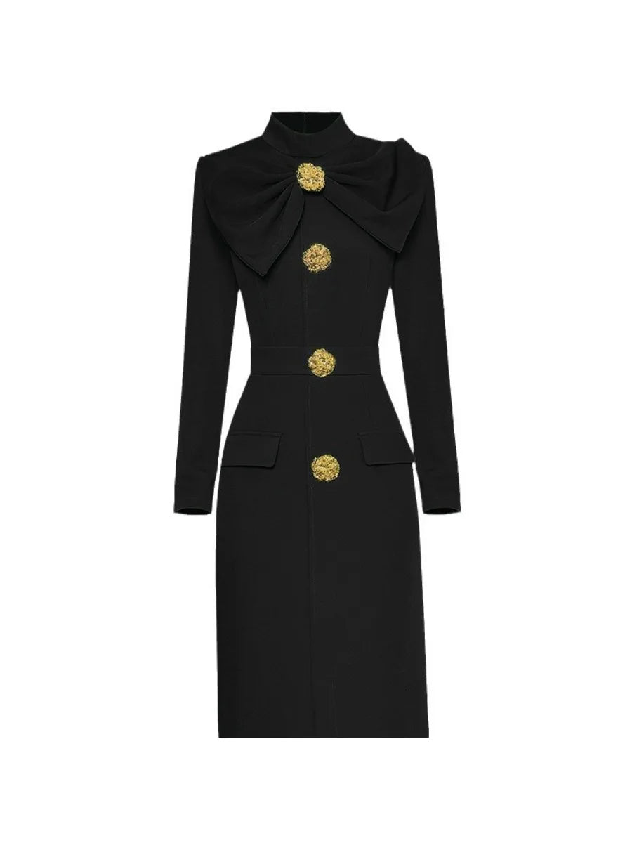 Solid Spliced Button Elegant Dresses for Women O Neck Long Sleeve High Waist Patchwork Button Slim Dress Female