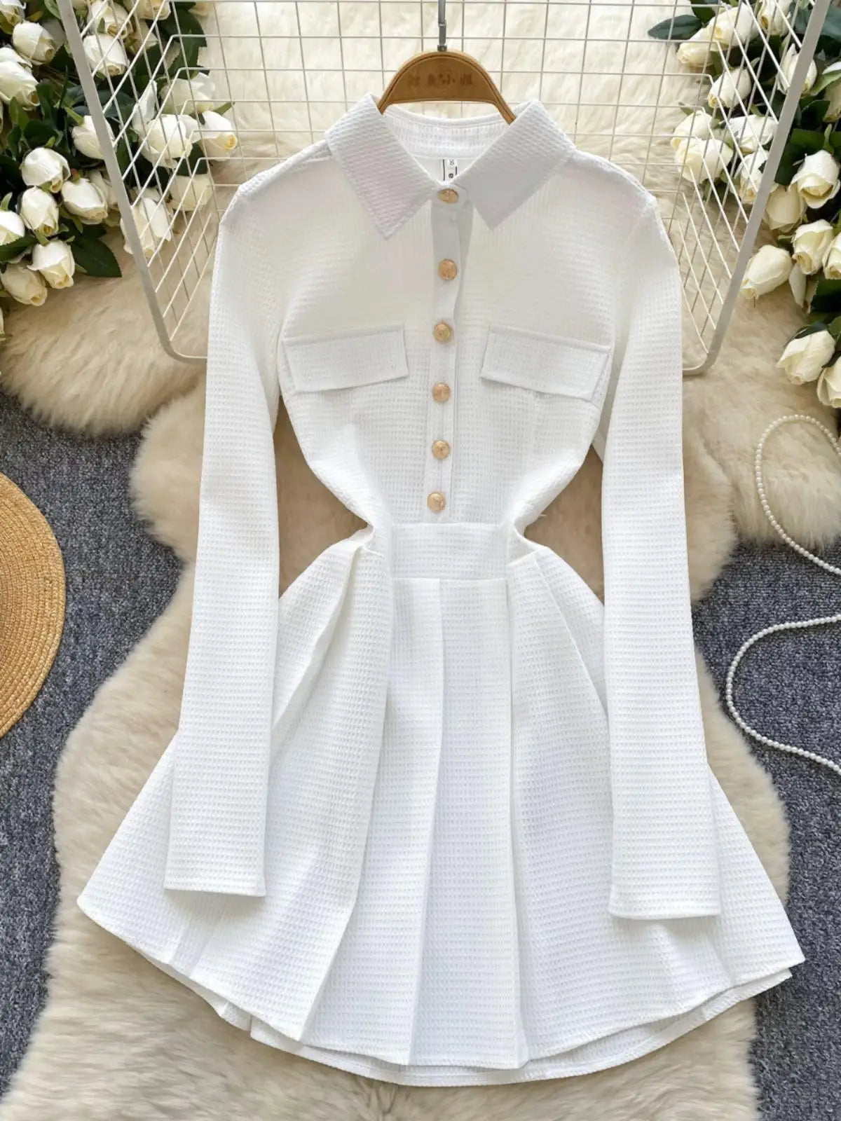 Spring Autumn 2025 New Women Fashion Black White Elegant Long Sleeved Short Dress Vintage Pink Single Breasted Party Dress Trend