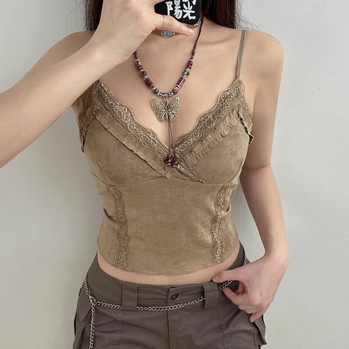 Load image into Gallery viewer, V Neck Strap Lace Trim Frill Suede Vintage Y2K Top Camisole Fashion Ruffles Party Summer Crop Tops Female Stitch Mini
