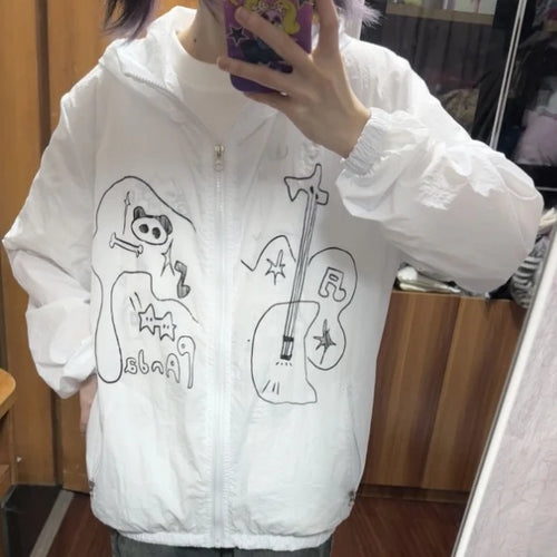 Load image into Gallery viewer, Outdoor Sun Protection Y2k Aesthetic Cartoon Jackets Women Grunge Thin Simple Hooded Coat Streetwear Casual Zipper Femme Tops
