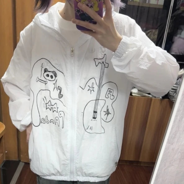 Outdoor Sun Protection Y2k Aesthetic Cartoon Jackets Women Grunge Thin Simple Hooded Coat Streetwear Casual Zipper Femme Tops