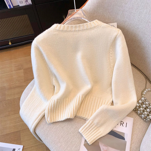 Load image into Gallery viewer, Women Sweet Sequins Short Sweater Casual Autumn Winter Basics Knitted Korean Loose O-neck Long Sleeve Elegance Pullover Tops New
