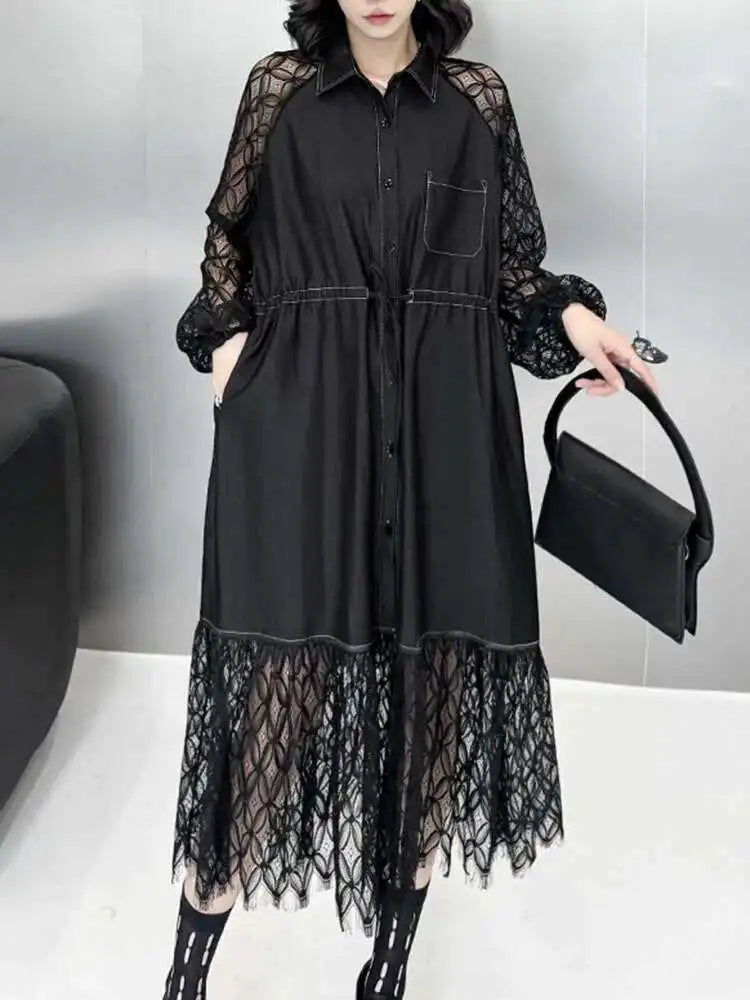 Women Black Denim Lace Perspective Big Size Shirt Dress New Lapel Long Sleeve Fashion Tide Spring Autumn 2025 1DH702001