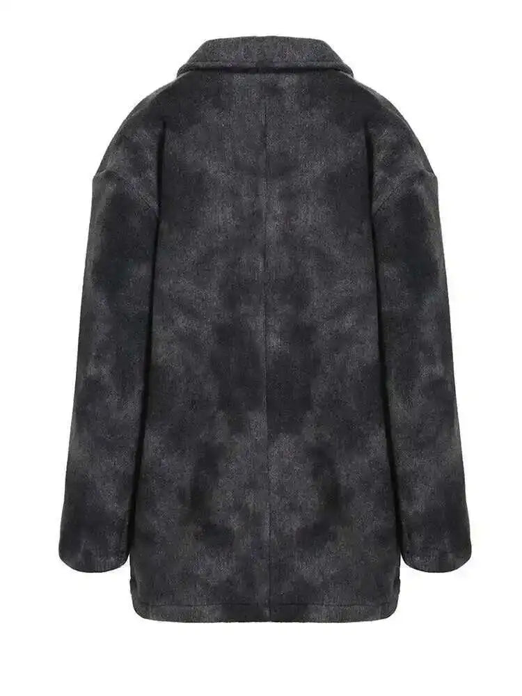 Loose Fit Black Tie Dye Big Size Thick Woolen Coat Parkas New Long Sleeve Women Fashion Tide Autumn Winter 2025 1DF3278
