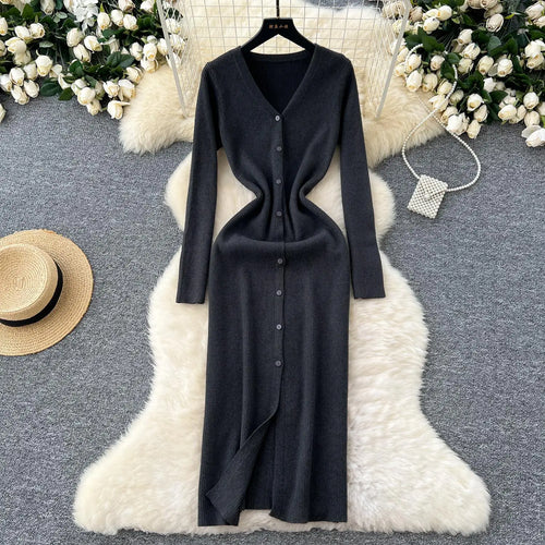 Load image into Gallery viewer, Korean Women Solid V-neck Single Breasted Festival Dresses Autumn Winter Slim Long Sleeve Office Knitted Dress Ladies Simplicity
