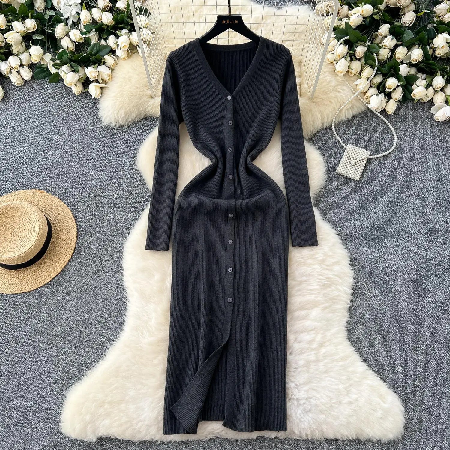 Korean Women Solid V-neck Single Breasted Festival Dresses Autumn Winter Slim Long Sleeve Office Knitted Dress Ladies Simplicity