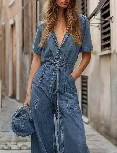 Women's Short Sleeve Blue Jumpsuit Summer Original Creation Button Down Wide Leg Long Pants Rompers with Pockets