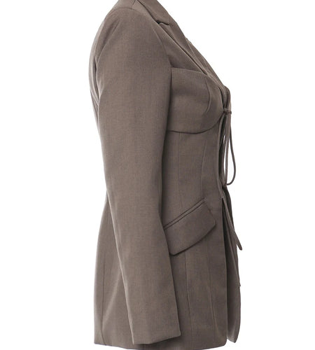 Women Brown Bandage Hollow Out Elegant Blazer New Lapel Long Sleeve Jacket Fashion Tide Spring Autumn 2025 1DH5200