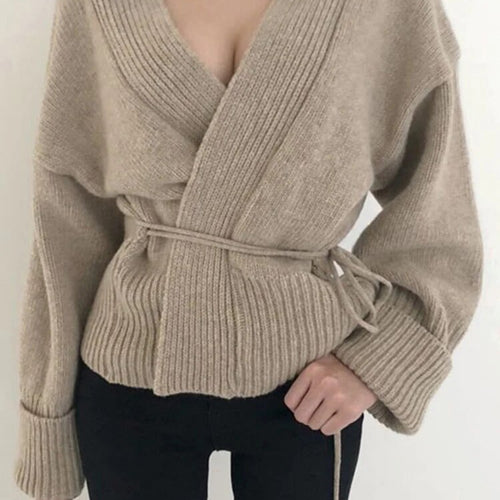 Load image into Gallery viewer, Korean Fashion Solid Sweater For Women V Neck Long Sleeve Patchwork Bandage Knitting Cardigan Female Clothing
