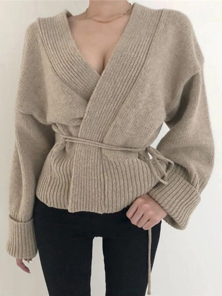 Korean Fashion Solid Sweater For Women V Neck Long Sleeve Patchwork Bandage Knitting Cardigan Female Clothing