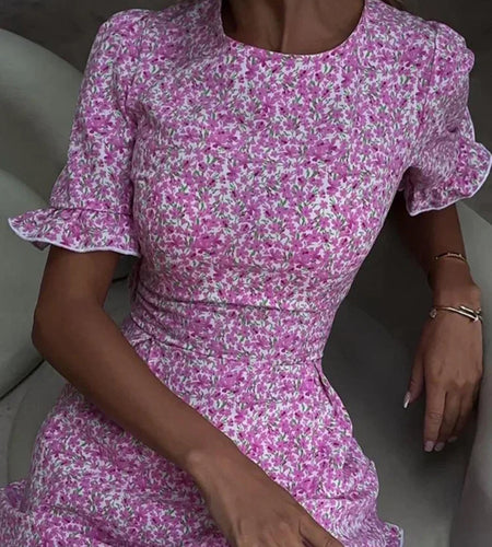 Short Ruffle Sleeve Floral Dress For Women Fashion O Neck High Waist A-line Loose Backless Sexy Mini Dress Elegant