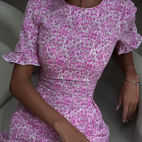 Load image into Gallery viewer, Short Ruffle Sleeve Floral Dress For Women Fashion O Neck High Waist A-line Loose Backless Sexy Mini Dress Elegant
