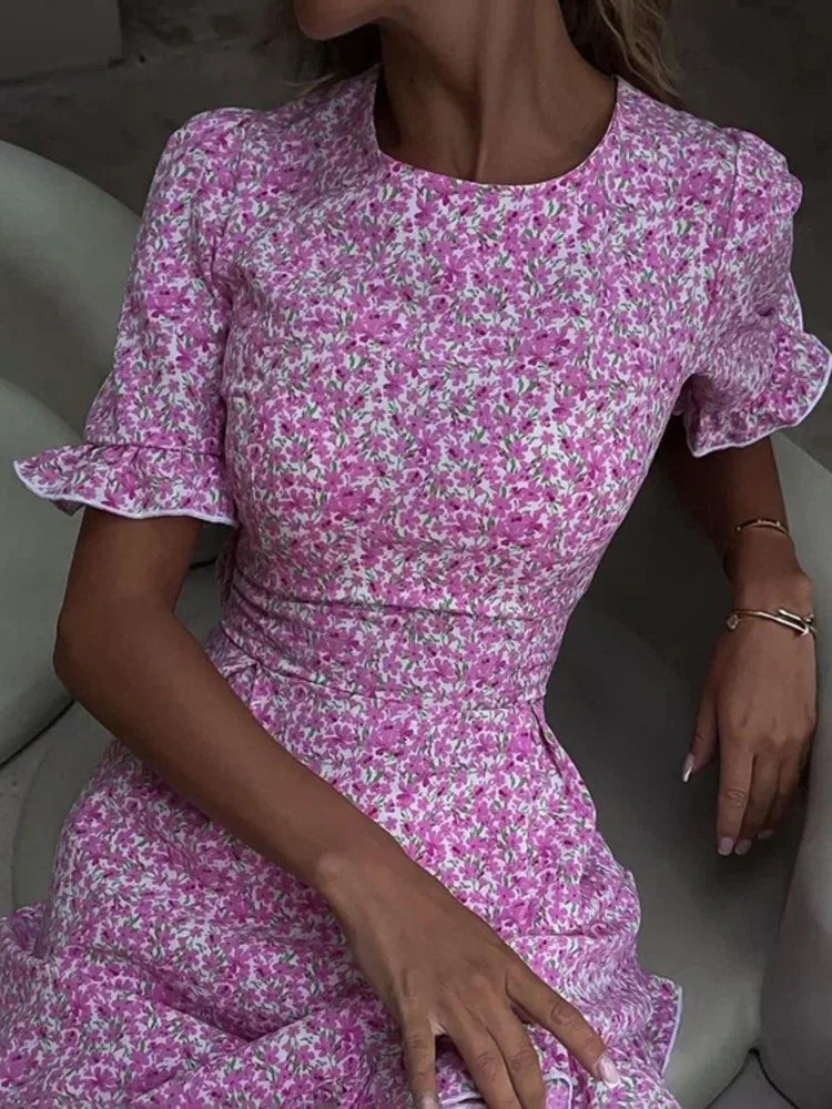 Short Ruffle Sleeve Floral Dress For Women Fashion O Neck High Waist A-line Loose Backless Sexy Mini Dress Elegant