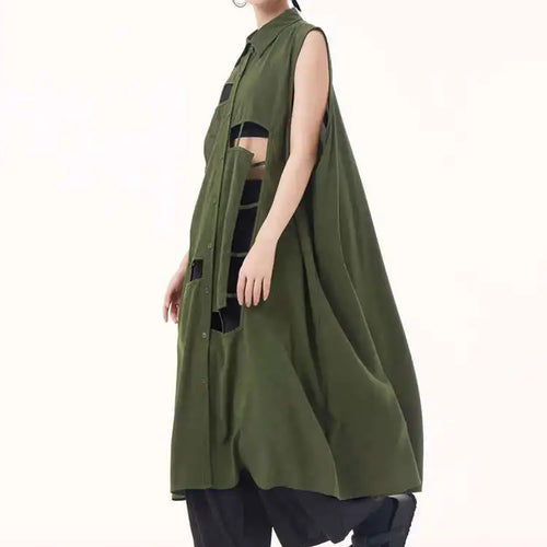 Load image into Gallery viewer, Women Army Green Hollow Out Big Size Midi Casual Dress New Lapel Sleeveless Fashion Tide Spring Summer 2025 1DH9512
