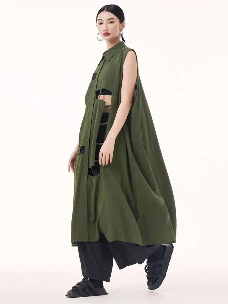Women Army Green Hollow Out Big Size Midi Casual Dress New Lapel Sleeveless Fashion Tide Spring Summer 2025 1DH9512