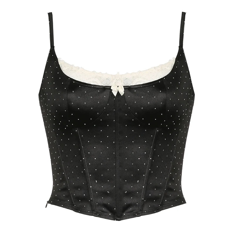 Fashion Chic Strap Corset Sexy Tops Camisole Mini Elegant Lace Patched Dot Bow Party Crop Top Female Korean Style New