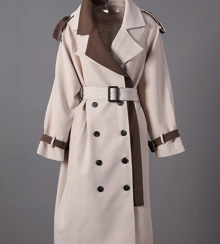 Women Beige Color-block Big Size Long Trench New Lapel Long Sleeve Windbreaker Fashion Tide Spring Autumn 2025 2DA7020
