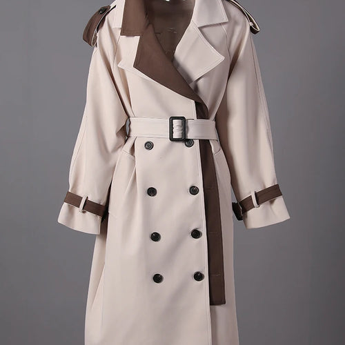 Load image into Gallery viewer, Women Beige Color-block Big Size Long Trench New Lapel Long Sleeve Windbreaker Fashion Tide Spring Autumn 2025 2DA7020
